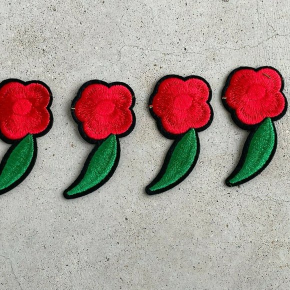 Red Flower With Green Leaf Patches Iron On Embroidery Applique Patches Lot of 4 - Picture 9 of 9